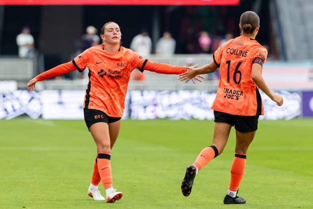 SAN JOSE, CA - SEPTEMBER 20: Alex Pfeiffer 17 slaps hands with Sydney Collins 16 of Bay FC during a NWSL match on September 20, 2026 at PayPal Park in San Jose, CA. (Photo by Matthew Huang Icon Sportswire) SOCCER: SEP 20 NWSL Bay FC vs Racing Louisville EDITORIAL USE ONLY Icon260920012