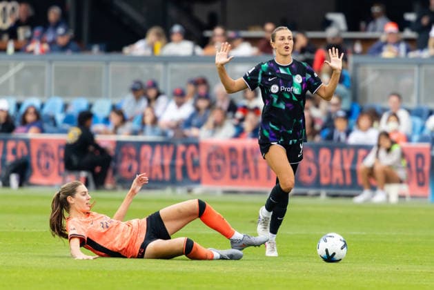 SAN JOSE, CA - SEPTEMBER 20: Kayla Fischer 9 of Racing Louisville FC reacts to a foul call on Joelle Anderson 18 of Bay FC during a NWSL match on September 20, 2026 at PayPal Park in San Jose, CA. (Photo by Matthew Huang Icon Sportswire) SOCCER: SEP 20 NWSL Bay FC vs Racing Louisville EDITORIAL USE ONLY Icon260920013