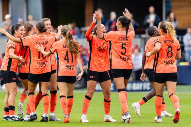 SAN JOSE, CA - SEPTEMBER 20: Karlie Lema 5 of Bay FC celebrates a goal with Alex Pfeiffer 17 in the second half of a NWSL match against Racing Louisville FC on September 20, 2026 at PayPal Park in San Jose, CA. (Photo by Matthew Huang Icon Sportswire) SOCCER: SEP 20 NWSL Bay FC vs Racing Louisville EDITORIAL USE ONLY Icon260920015