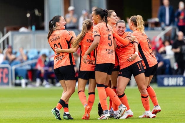 SAN JOSE, CA - SEPTEMBER 20: Karlie Lema 5 of Bay FC celebrates a goal with teammates in the second half of a NWSL match against Racing Louisville FC on September 20, 2026 at PayPal Park in San Jose, CA. (Photo by Matthew Huang Icon Sportswire) SOCCER: SEP 20 NWSL Bay FC vs Racing Louisville EDITORIAL USE ONLY Icon260920016