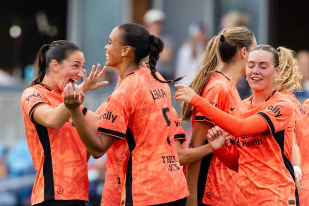 SAN JOSE, CA - SEPTEMBER 20: Karlie Lema 5 of Bay FC celebrates a goal with teammates in the second half of a NWSL match against Racing Louisville FC on September 20, 2026 at PayPal Park in San Jose, CA. (Photo by Matthew Huang Icon Sportswire) SOCCER: SEP 20 NWSL Bay FC vs Racing Louisville EDITORIAL USE ONLY Icon260920017