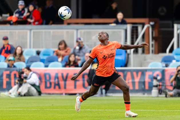 SAN JOSE, CA - SEPTEMBER 20: Racheal Kundananji 9 of Bay FC receives a pass during a NWSL match against Racing Louisville FC on September 20, 2026 at PayPal Park in San Jose, CA. (Photo by Matthew Huang Icon Sportswire) SOCCER: SEP 20 NWSL Bay FC vs Racing Louisville EDITORIAL USE ONLY Icon260920018