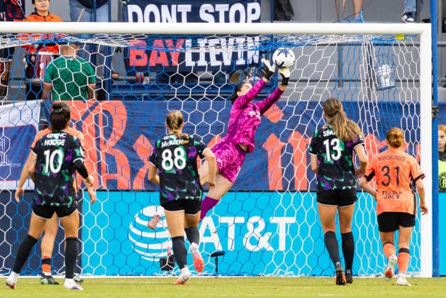 SAN JOSE, CA - SEPTEMBER 20: Jordan Silkowitz 29 of Bay FC makes a save during a NWSL match against Racing Louisville FC on September 20, 2026 at PayPal Park in San Jose, CA. (Photo by Matthew Huang Icon Sportswire) SOCCER: SEP 20 NWSL Bay FC vs Racing Louisville EDITORIAL USE ONLY Icon260920020