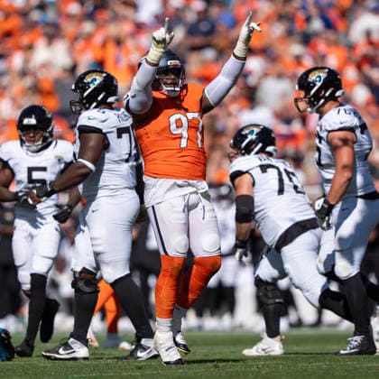 Sep 20, 2026; Denver Broncos defensive tackle Malcolm Roach (97) celebrates his sack during the game between the Denver Broncos and Jacksonville Jaguars in Denver, CO, USA; at Empower Field at Mile High. Mandatory Credit: -Cal Media - ZUMAc04_ 20260920_zma_c04_261 Copyright: xDerekxRegensburgerx