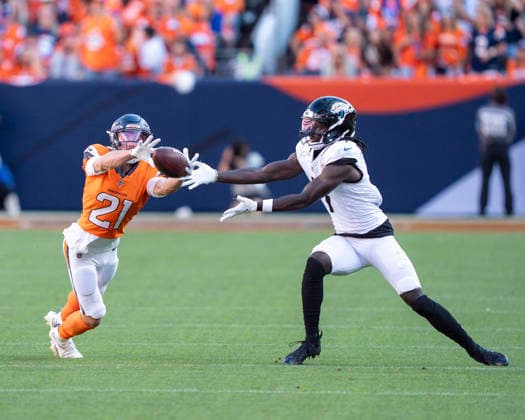Sep 20, 2026; Denver Broncos cornerback Riley Moss (21) breaks up a pass during the game between the Denver Broncos and Jacksonville Jaguars in Denver, CO, USA; at Empower Field at Mile High. Mandatory Credit: -Cal Media - ZUMAc04_ 20260920_zma_c04_276 Copyright: xDerekxRegensburgerx