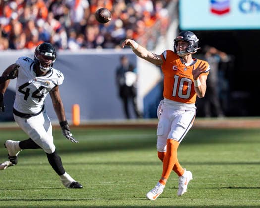 Sep 20, 2026; Denver Broncos quarterback Bo Nix (10) throws a pass during the game between the Denver Broncos and Jacksonville Jaguars in Denver, CO, USA; at Empower Field at Mile High. Mandatory Credit: -Cal Media - ZUMAc04_ 20260920_zma_c04_278 Copyright: xDerekxRegensburgerx