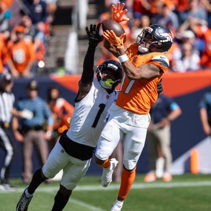 Sep 20, 2026; Denver Broncos wide receiver Jaylen Waddle (17) makes a 49-yard catch over Jacksonville Jaguars cornerback Montaric Brown (1) during the game between the Denver Broncos and Jacksonville Jaguars in Denver, CO, USA; at Empower Field at Mile High. Mandatory Credit: -Cal Media - ZUMAc04_ 20260920_zma_c04_315 Copyright: xDerekxRegensburgerx