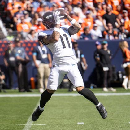 Sep 20, 2026; Jacksonville Jaguars wide receiver Parker Washington (11) snares a game near the goalie during the game between the Denver Broncos and Jacksonville Jaguars in Denver, CO, USA; at Empower Field at Mile High. Mandatory Credit: -Cal Media - ZUMAc04_ 20260920_zma_c04_317 Copyright: xDerekxRegensburgerx