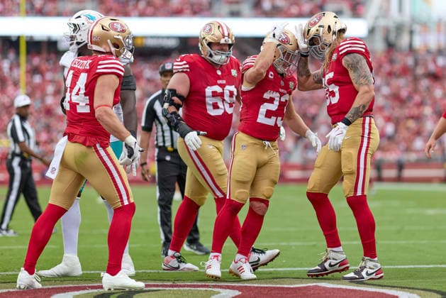 SANTA CLARA, CA - SEPTEMBER 20: Running back Christian McCaffrey (23) celebrates with tight end George Kittle (85) of the San Francisco 49ers and teammates after scoring a touchdown against the Miami Dolphins during a game at Levi s Stadium on September 20, 2026 in Santa Clara, California. (Photo by Robin Alam Icon Sportswire) NFL, American Football Herren, USA SEP 20 Dolphins at 49ers EDITORIAL USE ONLY Icon1642509280749