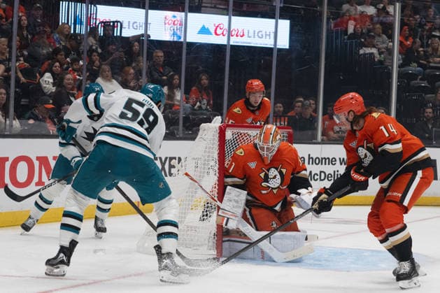 NHL, Eishockey Herren, USA San Jose Sharks At Anaheim Ducks Anaheim Ducks goalie Laurent Brossoit (31) protects the net during an NHL game between the San Jose Sharks and the Anaheim Ducks at Honda Center in Anaheim, on September 20, 2026. Anaheim California United States  Copyright: xEdwinxSox originalFilename:so-nhlsanjo260920_npWNQ.jpg