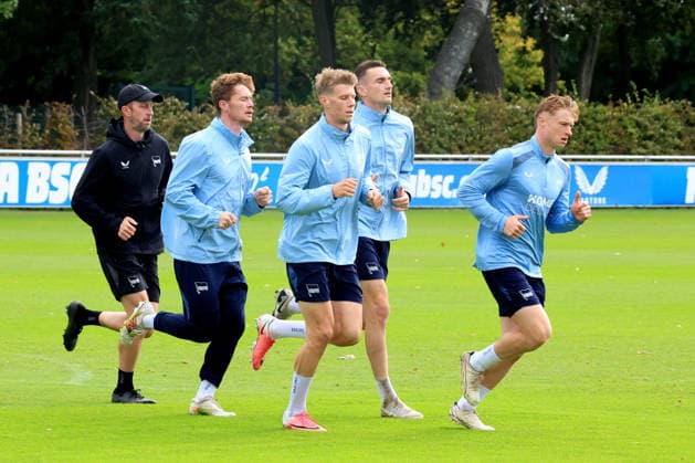 September 21, 2026, Germany, Soccer, 2. Bundesliga, 2026–2027 season, Sportforum, Hertha BSC, Assistant Coach Andreas Schumacher of Hertha BSC Berlin, Jan Luca Schuler of Hertha BSC Berlin (age 18), Niklas Kolbe, Hertha BSC Berlin 27, Niklas Kolbe, Hertha BSC Berlin 27, Julian Eitschberger, Hertha BSC Berlin 2 2 League. DFB and DFL regulations prohibit any use of photographs as image sequences and or quasi-video. Berlin Sportforum, Berlin, Germany Copyright: xNordphotox xEnglerx