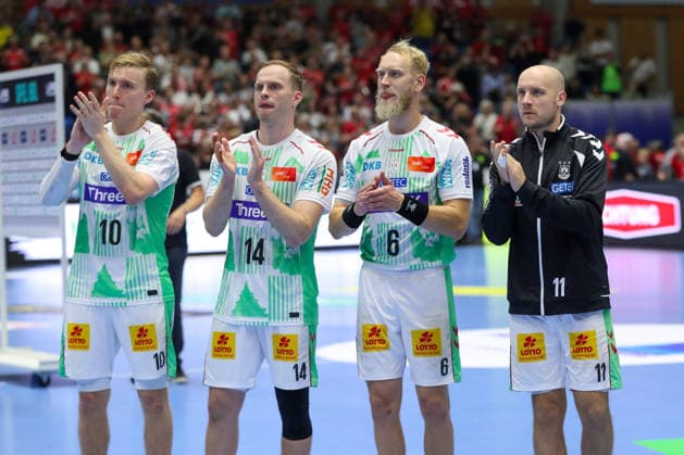 September 20, 2026, xgox, Handball Opel HBL MT Melsungen vs. SC Magdeburg, from left: Gisli Thorgeir Kristjansson (Magdeburg), 10, Omar Ingi Magnusson (Magdeburg), 14, Matthias Musche, Magdeburg, 6, Daniel Pettersson, Magdeburg, 11—disappointed, looking disappointed, dejected, disappointed, Kassel