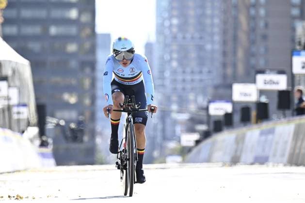 Belgian Luca Vierstraete crosses the finish line to win the bronze medal at the women s U23 individual time trial race (20,3km) at the cycling UCI Road World Championship, WM, Weltmeisterschaft in Montreal, Canada, Monday 21 September 2026. JASPERxJACOBS  x187313102x