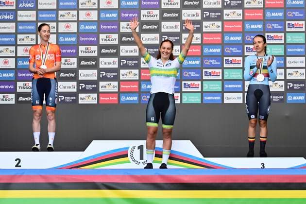 UCI 2026 Road World Championship, WM, Weltmeisterschaft Montreal 21 09 2026 MONTREAL, CANADA - SEPTEMBER 21 : silver medal Vinke Nienke of Netherlands, gold medal Wilson-Haffenden Felicity of Australia and bronze medal Vierstraete Luca of Belgium pictured during the podium ceremony of the Women U23 Individual Time Trial of the 2026 UCI Road World Championships 93th edition an UCI World Championships cycling race of XX km with start in Montreal and finish in Montreal on September 21, 2026 in Montreal, Canada, 21 09 2026 Montreal Canada  Copyright: xPeterxDexVoechtx