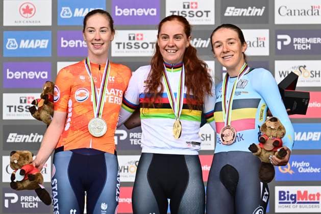 UCI 2026 Road World Championship, WM, Weltmeisterschaft Montreal 21 09 2026 MONTREAL, CANADA - SEPTEMBER 21 : silver medal Vinke Nienke of Netherlands, gold medal Wilson-Haffenden Felicity of Australia and bronze medal Vierstraete Luca of Belgium pictured during the podium ceremony of the Women U23 Individual Time Trial of the 2026 UCI Road World Championships 93th edition an UCI World Championships cycling race of XX km with start in Montreal and finish in Montreal on September 21, 2026 in Montreal, Canada, 21 09 2026 Montreal Canada  Copyright: xPeterxDexVoechtx
