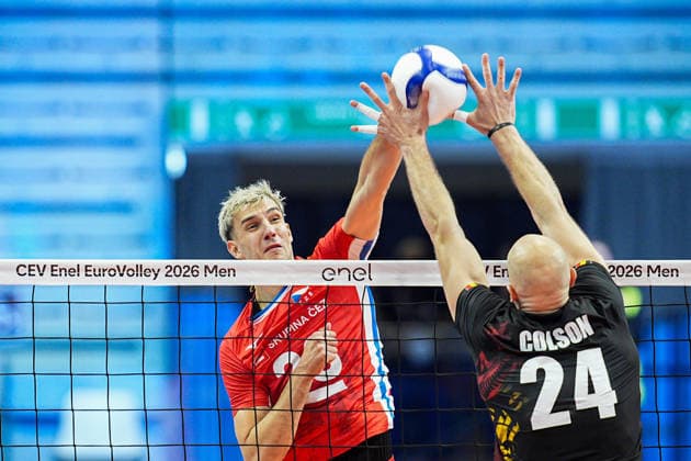 Czechia s Patrik Indra and Belgium s Martijn Colson in action during the eight final match of the CEV Enel Eurovolley 2026, between Belgium and Czechia, at the Palavela in Turin, north west Italy - Monday, September 21, 2026. .  Copyright: xMarcoxAlpozzi LaPressex