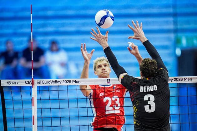 Belgium s Sam Deroo and Czechia s Patrik Indra in action during the eight final match of the CEV Enel Eurovolley 2026, between Belgium and Czechia, at the Palavela in Turin, north west Italy - Monday, September 21, 2026. .  Copyright: xMarcoxAlpozzi LaPressex