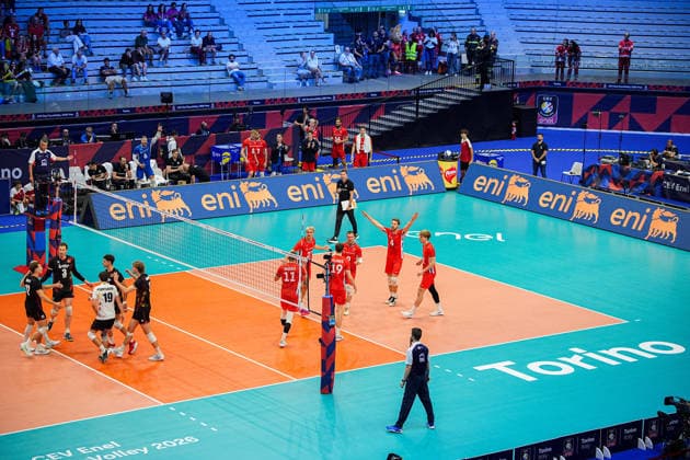 team czechia celebrate during the eight final match of the CEV Enel Eurovolley 2026, between Belgium and Czechia, at the Palavela in Turin, north west Italy - Monday, September 21, 2026. .  Copyright: xMarcoxAlpozzi LaPressex
