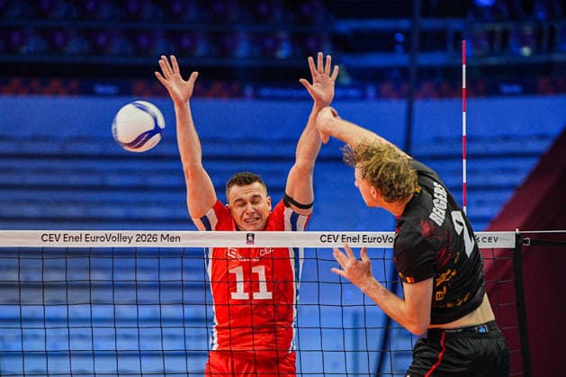 Belgium s Ferre Reggers and Czechia s Lukas Vasina in action during the eight final match of the CEV Enel Eurovolley 2026, between Belgium and Czechia, at the Palavela in Turin, north west Italy - Monday, September 21, 2026. .  Copyright: xMarcoxAlpozzi LaPressex
