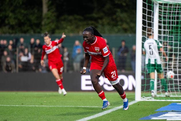 September 21, 2026, GER, Soccer, Women, Google Pixel 1 Bundesliga, 2026–2027 Season, Matchday 4, SV Werder Bremen vs. VfB Stuttgart: Mira Arouna of VfB Stuttgart, No. 21, celebrates the goal that tied the game at 1–1. DFB and DFL regulations prohibit any use of photographs as image sequences and or quasi-video. Bremen Stadium, Field 11, Bremen, Germany Copyright: xNordphoto Memmlerx