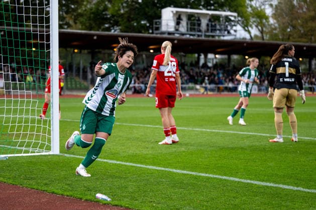 September 21, 2026, GER, Soccer, Women s, Google Pixel 1 Bundesliga, 2026–2027 Season, Matchday 4, SV Werder Bremen vs. VfB Stuttgart: Mei Shimada (Werder Bremen, No. 8) celebrates the 1–0 goal; Luzie Zähringer (VfB Stuttgart, No. 23) is frustrated. DFB and DFL regulations prohibit any use of photographs as image sequences and or quasi-videos. Bremen Stadium, Platz 11, Bremen, Germany Copyright: xNordphoto Memmlerx
