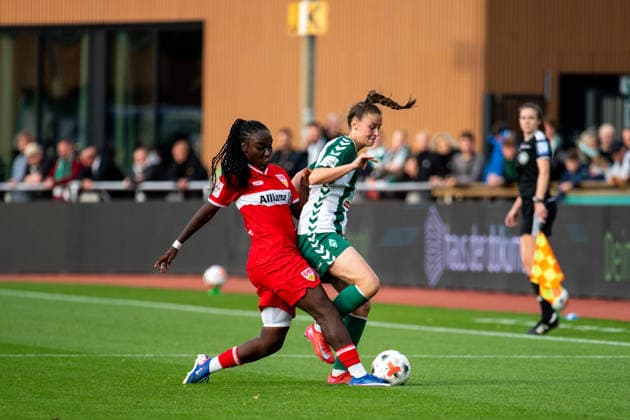 September 21, 2026, GER, Soccer, Women s, Google Pixel 1 Bundesliga, 2026–2027 season, Matchday 4, SV Werder Bremen vs. VfB Stuttgart Julia Magerl (Werder Bremen), No. 04, in a tackle with Mira Arouna (VfB Stuttgart), No. 21. DFB and DFL regulations prohibit any use of photographs as image sequences and or quasi-video. Bremen Stadium, Field 11, Bremen, Germany Copyright: xNordphoto Memmlerx