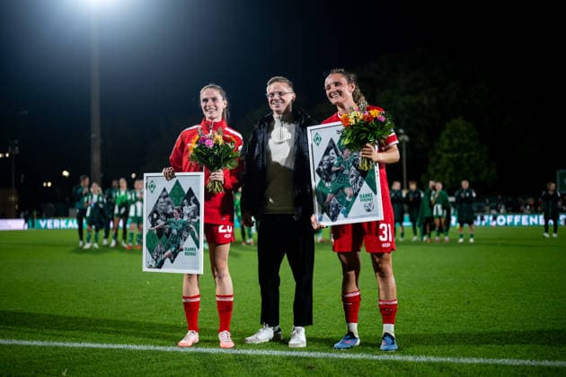 September 21, 2026, GER, Soccer, Women s, Google Pixel 1 Bundesliga, 2026–2027 Season, Matchday 4, SV Werder Bremen vs. VfB Stuttgart: Reena Wichmann (VfB Stuttgart, 28) and Verena Wieder (VfB Stuttgart, 31) are bid farewell by Werder Bremen. DFB and DFL regulations prohibit any use of photographs as image sequences and or quasi-video. Bremen Stadium, Platz 11, Bremen, Germany Copyright: xNordphoto Memmlerx