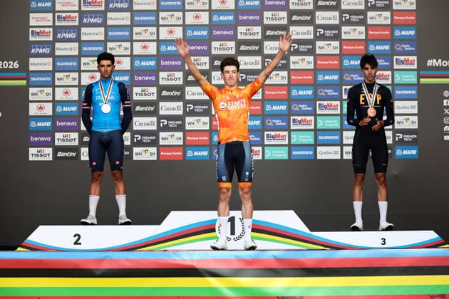 2026 UCI Road World Championships Picture by Alex Whitehead SWpix.com - 21 09 2026 - Cycling - 2026 UCI Road World Championships - MontrÃ al, Canada - Men Under-23 Individual Time Trial (ITT) Podium - Ryan Gal (Netherlands) Gold Medalist and World Champion, Nicolas Milesi (Italy) Silver Medalist and Hector Alvarez (Spain) Bronze Medalist MontrÃ al Avenue du Parc Canada Copyright: x xSWpix.comx(t axPhotographyxHubxLtd)xAlexxWhitehead SWpix.comx SWP-3521-1094