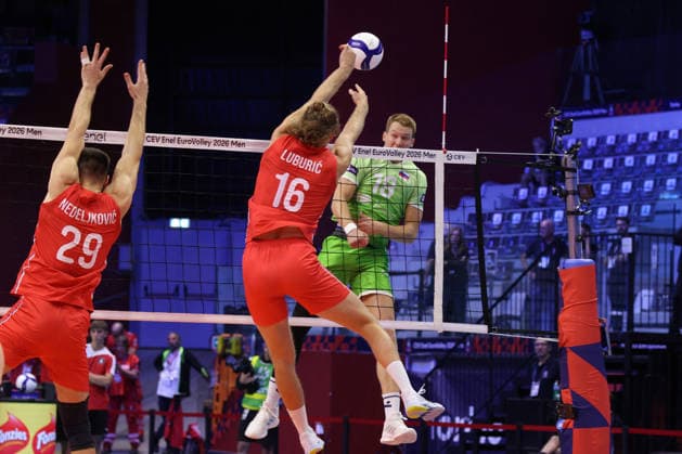 VOLLEYBALL - CEV Eurovolley Men - Slovenia vs. Serbia Photo by IPA ABACAPRESS.COM88814670 - Klemen Cebuli (Slovenia) attacks during the Slovenia vs. Serbia match at the CEV Eurovolley Men s tournament in Turin, Italy, on September 21, 2026 Turin Italy  Copyright: xIPAxSport ABACAx