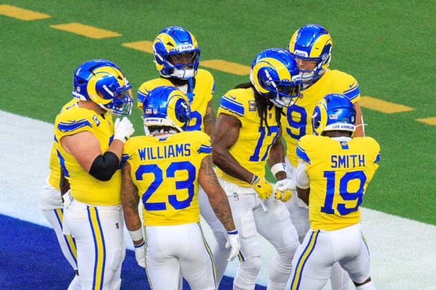 September 21, 2026, Inglewood, California, USA: 17 Davante Adams, WR of the Los Angeles Rams celebrates with teammates after scoring a touchdown during a regular-season NFL, American Football Herren, USA game against the New York Giants on Monday September 21, 2026 at SoFi Stadium in Inglewood, California. JAVIER ROJAS PI Inglewood USA - ZUMAp124 20260921_zaa_p124_047 Copyright: xJavierxRojasx