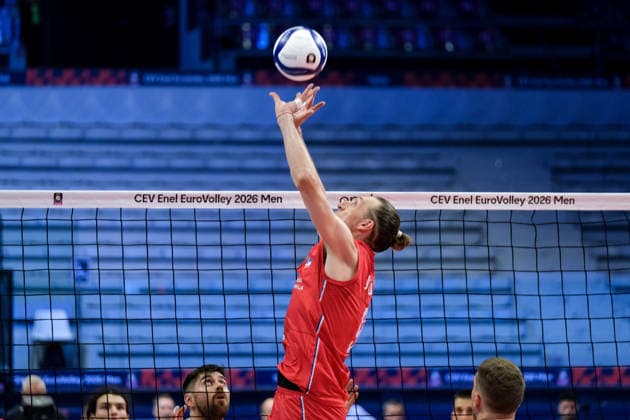 September 21, 2026, Turin, Italy: Nikola Jovovi? of Serbia seen in action during the Final Eight of the CEV Enel EuroVolley 2026 Men match between Slovenia and Serbia at PalaVela. Slovenia wins the match against Serbia with a score 3-0. Turin Italy - ZUMAs197 20260921_aaa_s197_182 Copyright: xDavidexDixLallax
