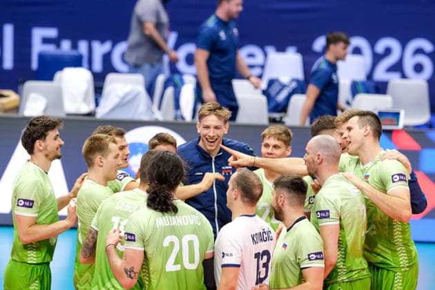 September 21, 2026, Turin, Italy: The Slovenian players celebrate a point during the Final Eight of the CEV Enel EuroVolley 2026 Men match between Slovenia and Serbia at PalaVela. Slovenia wins the match against Serbia with a score 3-0. Turin Italy - ZUMAs197 20260921_aaa_s197_184 Copyright: xDavidexDixLallax