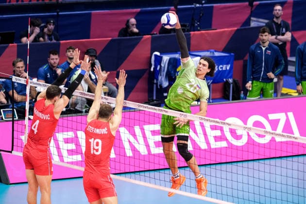 September 21, 2026, Turin, Italy: Nik Mujanovi? of Slovenia seen in action during the Final Eight of the CEV Enel EuroVolley 2026 Men match between Slovenia and Serbia at PalaVela Slovenia wins the match against Serbia with a score 3-0. Slovenia Vs Serbia In Turin, Italy - 21 Sep 2026  - ZUMAs197 20260921_aaa_s197_183 Copyright: xDavidexDixLallax