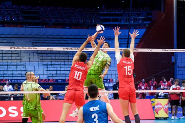September 21, 2026, Turin, Italy: (L to R) Miran KujundÅ¾i? of Serbia, Klemen Cebulj of Slovenia and Nemanja MaÅ¡ulovi? of Serbia seen in action during the Final Eight of the CEV Enel EuroVolley 2026 Men match between Slovenia and Serbia at PalaVela. Slovenia wins the match against Serbia with a score 3-0. Slovenia Vs Serbia In Turin, Italy - 21 Sep 2026  - ZUMAs197 20260921_aaa_s197_186 Copyright: xDavidexDixLallax