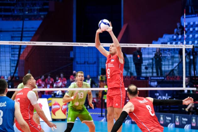 September 21, 2026, Turin, Italy: Nikola Jovovi? of Serbia seen in action during the Final Eight of the CEV Enel EuroVolley 2026 Men match between Slovenia and Serbia at PalaVela. Slovenia wins the match against Serbia with a score 3-0. Turin Italy - ZUMAs197 20260921_aaa_s197_194 Copyright: xDavidexDixLallax