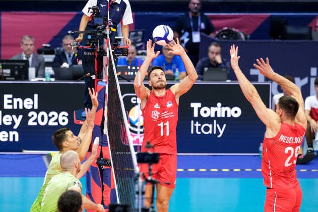 September 21, 2026, Turin, Italy: Aleksa Batak of Serbia seen in action during the Final Eight of the CEV Enel EuroVolley 2026 Men match between Slovenia and Serbia at PalaVela. Slovenia wins the match against Serbia with a score 3-0. Slovenia Vs Serbia In Turin, Italy - 21 Sep 2026  - ZUMAs197 20260921_aaa_s197_200 Copyright: xDavidexDixLallax