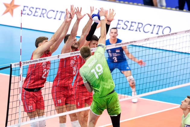 September 21, 2026, Turin, Italy: Rok MoÅ¾i? of Slovenia (C) seen in action during the Final Eight of the CEV Enel EuroVolley 2026 Men match between Slovenia and Serbia at PalaVela Slovenia wins the match against Serbia with a score 3-0. Slovenia Vs Serbia In Turin, Italy - 21 Sep 2026  - ZUMAs197 20260921_aaa_s197_209 Copyright: xDavidexDixLallax