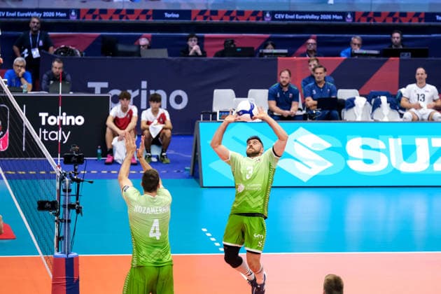 September 21, 2026, Turin, Italy: UroÅ¡ PlaninÅ¡i? of Slovenia seen in action during the Final Eight of the CEV Enel EuroVolley 2026 Men match between Slovenia and Serbia at PalaVela. Slovenia wins the match against Serbia with a score 3-0. Turin Italy - ZUMAs197 20260921_aaa_s197_213 Copyright: xDavidexDixLallax