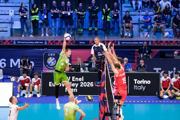 September 21, 2026, Turin, Italy: Rok MoÅ¾i? of Slovenia (L) seen in action during the Final Eight of the CEV Enel EuroVolley 2026 Men match between Slovenia and Serbia at PalaVela. Slovenia wins the match against Serbia with a score 3-0. Turin Italy - ZUMAs197 20260921_aaa_s197_219 Copyright: xDavidexDixLallax