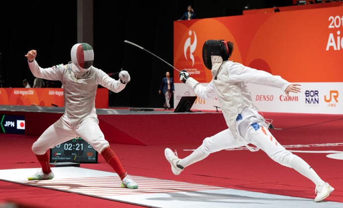 (260922) -- NAGOYA, Sept. 22, 2026 -- Xu Jie (R) of China competes against Faris Alblooshi of the United Arab Emirates during the men s foil individual pool round of fencing at the 20th Asian Games Aichi-Nagoya 2026 in Tokoname, Aichi Prefecture, Japan, Sept. 22, 2026 ) (SP)JAPAN-NAGOYA-ASIAN GAMES-FENCING-MEN S FOIL INDIVIDUAL-POOL ROUND YaoxQilin 
