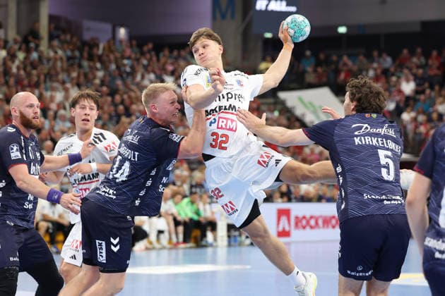 September 5, 2026, xBHAx, Handball, Opel HBL, 2026–2027 Season, 1st HBL, SG Flensburg-Handewitt vs. HC Erlangen, GGW Arena: Emil Bergholt (SG Flensburg-Handewitt) 14 on defense against Maxsim Lochman (HC Erlangen) 32, Schleswig-Holstein, Germany