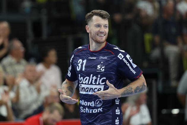September 5, 2026, xBHAx, Handball, Opel HBL, 2026–2027 season, 1st HBL, SG Flensburg Handewitt vs. HC Erlangen, GGW Arena—a smiling Emil Jacobsen of SG Flensburg Handewitt, 31, Schleswig-Holstein, Germany