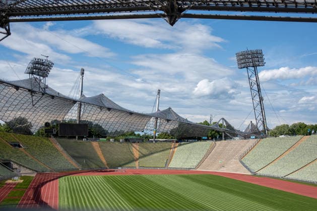 Munich, Germany, Olympic Stadium, Olympic Park, interior view, bleachers, running track, floodlights, archive photo, tent-roof structure Copyright: xTomxLauruschkatx