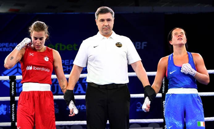 2026 European Boxing Elite Championships, Sofia, Bulgaria 22 9 2026 Women™s 51kg Quarter-Final Dania Moorehouse (Blue) vs Laura Fuentes Fernandez (Red) Ireland™s Dania Moorehouse and Laura Fuentes Fernandez of Spain wait to see who is declared the winner Dania Moorehouse and Laura Fuentes Fernandez wait to see who is declared the winner 22 9 2026  Copyright: xx VD5_1022