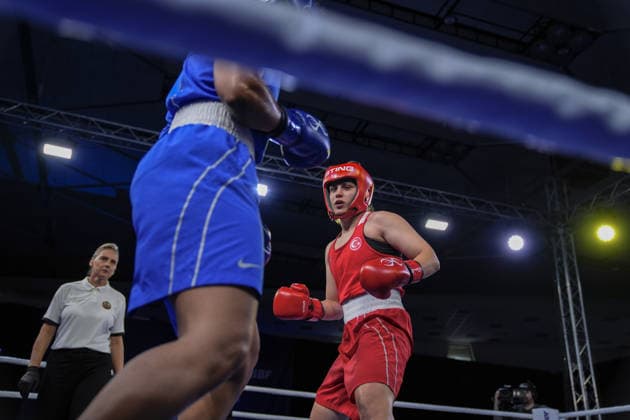 2026 European Boxing Championships in Bulgaria SOFIA, BULGARIA - SEPTEMBER 22: Busenaz Surmeneli (red) of Turkiye and Leonie Muller (blue) of Germany compete in the women s 70kg category during the 2026 European Boxing Championships at Asics Arena in Sofia, Bulgaria, on September 22, 2026. Osmancan Gurdogan Anadolu Sofia Bulgaria. Editorial use only. Please get in touch for any other usage.  Copyright: x2026xAnadoluxOsmancanxGurdoganx