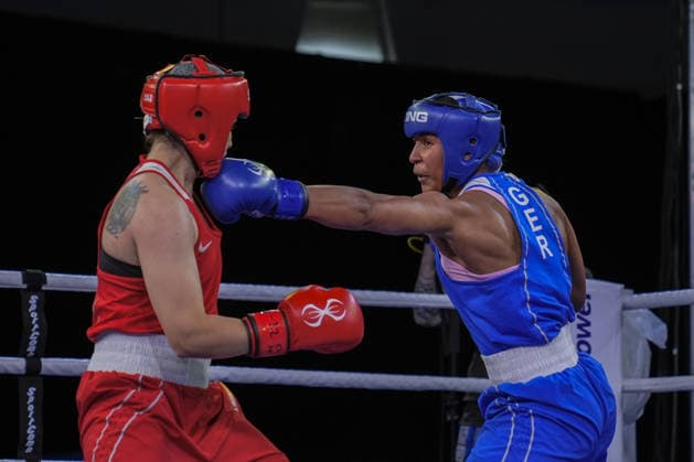 2026 European Boxing Championships in Bulgaria SOFIA, BULGARIA - SEPTEMBER 22: Busenaz Surmeneli (red) of Turkiye and Leonie Muller (blue) of Germany compete in the women s 70kg category during the 2026 European Boxing Championships at Asics Arena in Sofia, Bulgaria, on September 22, 2026. Osmancan Gurdogan Anadolu Sofia Bulgaria. Editorial use only. Please get in touch for any other usage.  Copyright: x2026xAnadoluxOsmancanxGurdoganx