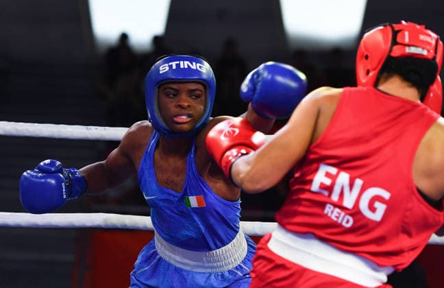 2026 European Boxing Elite Championships, Sofia, Bulgaria 22 9 2026 Women™s 71kg Quarter-Final Evelyn Igharo (Blue) vs Chantelle Reid (Red) Ireland™s Evelyn Igharo in action against Chantelle Reid of England Evelyn Igharo in action against Chantelle Reid 22 9 2026  Copyright: xx VD5_1220