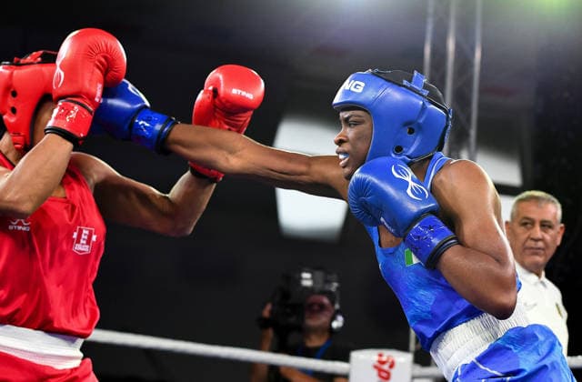 2026 European Boxing Elite Championships, Sofia, Bulgaria 22 9 2026 Women™s 71kg Quarter-Final Evelyn Igharo (Blue) vs Chantelle Reid (Red) Ireland™s Evelyn Igharo in action against Chantelle Reid of England Evelyn Igharo in action against Chantelle Reid 22 9 2026  Copyright: xx VD5_1178
