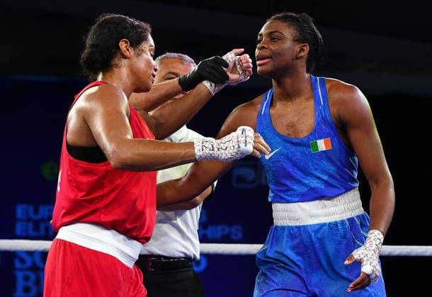 2026 European Boxing Elite Championships, Sofia, Bulgaria 22 9 2026 Women™s 71kg Quarter-Final Evelyn Igharo (Blue) vs Chantelle Reid (Red) Ireland™s Evelyn Igharo congratulates Chantelle Reid of England after she is declared the winner Evelyn Igharo congratulates Chantelle Reid after she is declared the winner 22 9 2026  Copyright: xx VD5_1503