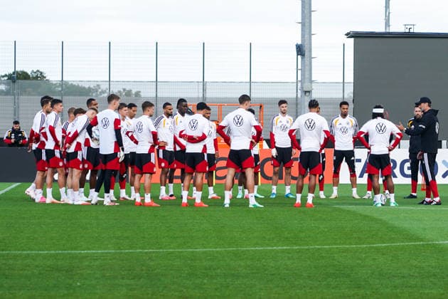 New national team coach Jürgen Klopp addressing the team during their first training session at Herzo Base on September 22, 2026. German National Team, Nations League preparation, Home Ground, HerzoBase, World of Adidas, Herzogenaurach